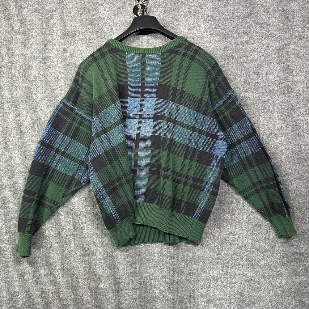 Vintage Men's Sweater Green Blue Plaid Cotton Crew Neck Long Sleeve Pullover‎